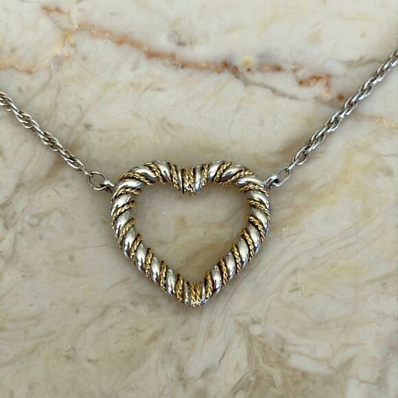 Tiffany & Co 18K Gold & 925 Sterling Silver Twisted Rope Open Heart Necklace 20” - Picture 1 of 13